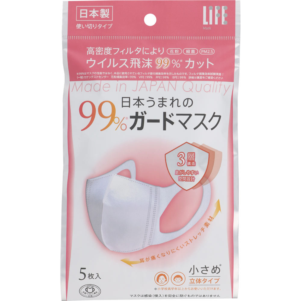日本うまれの99%ガードマスク 小さめ5枚入 外装